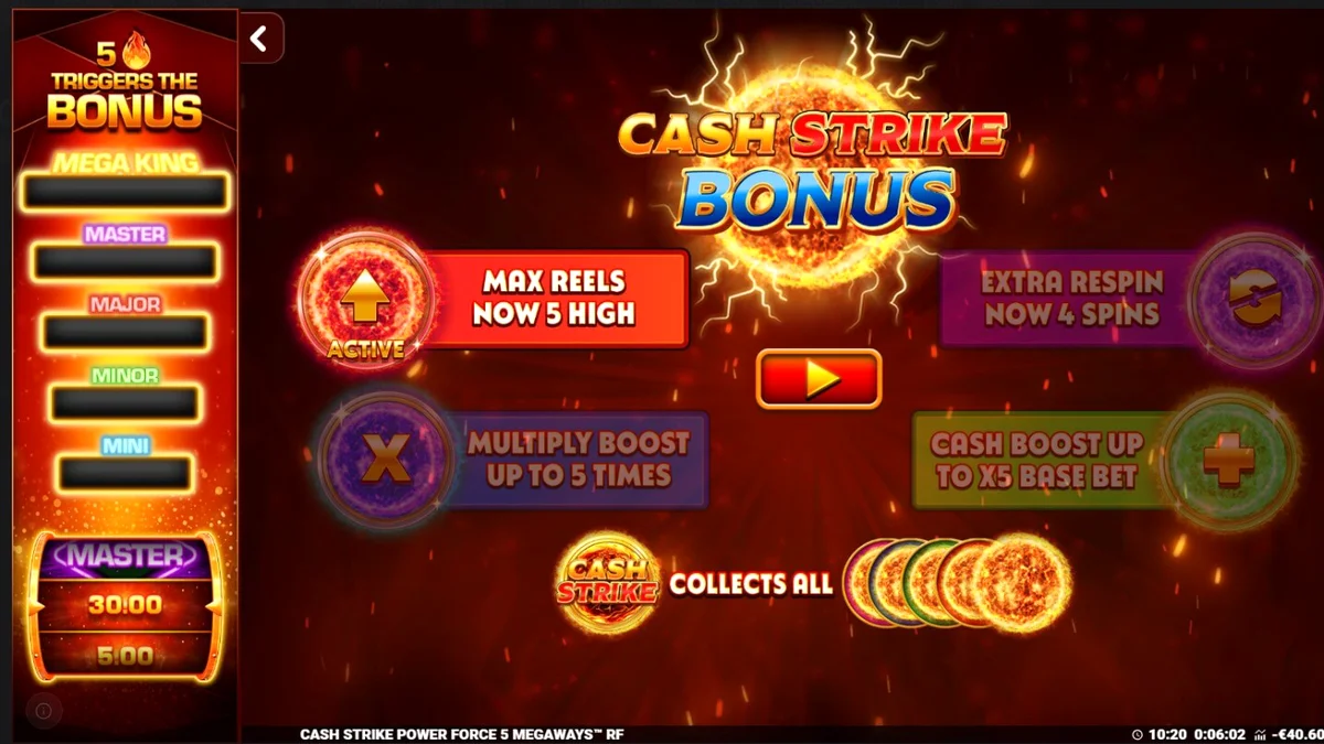 Interface do jogo de slot Cash Strike Power Force 5 Megaways