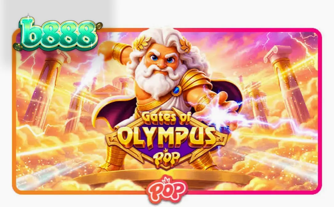 Interface do jogo Gates of Olympus POP com Zeus e símbolos dourados